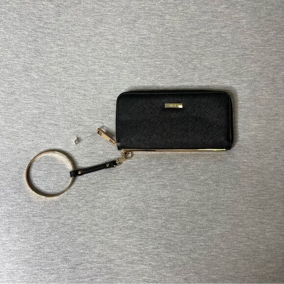 ALDO Black Gold Ring Wrist Strap Zippered Clutch Wallet Purse - Picture 1 of 10
